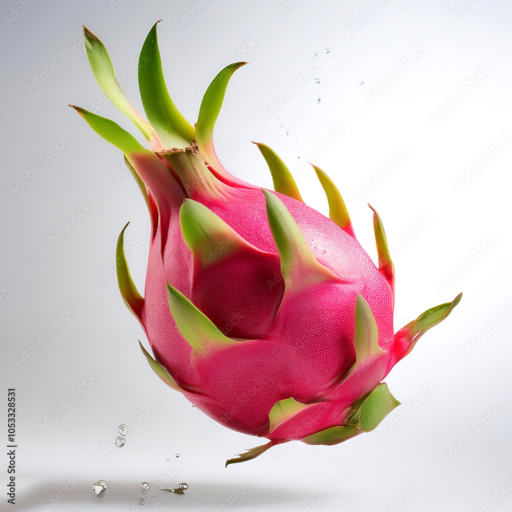 Dragon fruit with leaves floating or flying isolated white background Dragon fruit with leaves floating or flying isolated white background