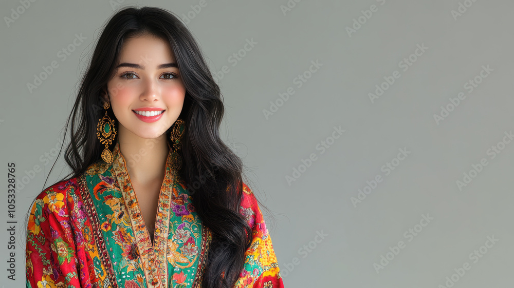 Arabian woman in traditional batik cloth isolated on gray copy space Arabian woman in traditional batik cloth isolated on gray copy space