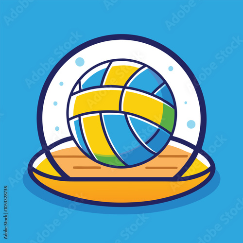 A vibrant volleyball with yellow and blue panels,  resting on a stylized court.