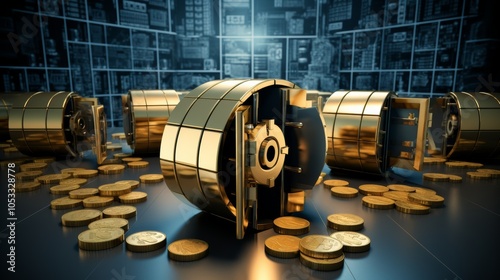 Security measures in wealth management shown with secure vaults and protection symbols photo