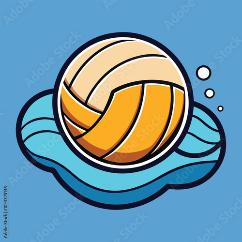 A cartoon illustration of a volleyball resting on a wave, perfect for summer sports and leisure activities.