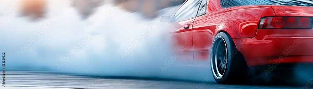 Red car speeding down city street with smoke billowing from its exhaust Red car speeding down city street with smoke billowing from its exhaust
