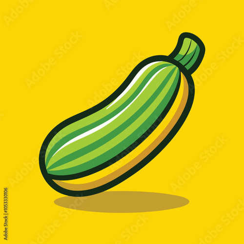 A cartoon illustration of a green zucchini on a yellow background. 