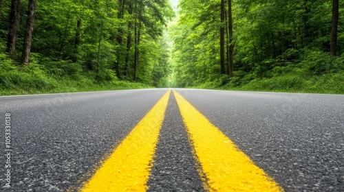 Vivid yellow line dividing the road, guiding traffic and ensuring safety on a sunny day