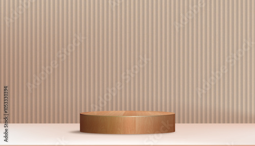Autumn Background,Studio Interior Room with 3d wood cylinder pedestal podium for product display with brown corrugated texture wall,Vector Platform for Web Banner, Display Design Presentation