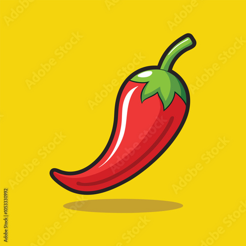 A cartoon red chili pepper on a yellow background. 