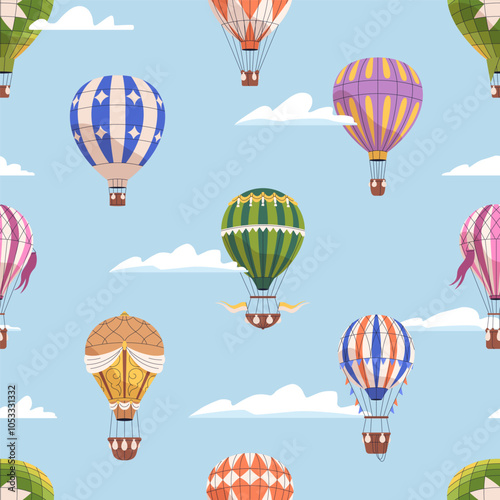 Hot air balloons in sky, seamless pattern design. Aerostats floating, flying high, repeating print. Aerial adventure, travel, endless background for fabric, textile, wrapping. Flat vector illustration