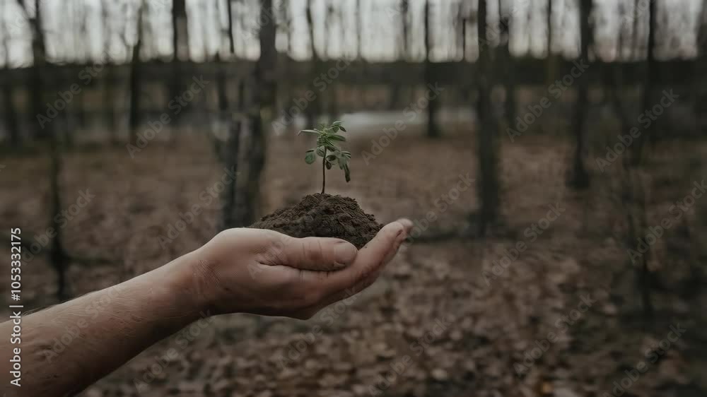 A hand holds soil with a small plant, symbolizing growth and environmental care. A hand holds soil with a small plant, symbolizing growth and environmental care.
