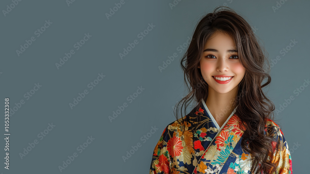 Japanese woman in traditional batik cloth isolated on gray copy space Japanese woman in traditional batik cloth isolated on gray copy space