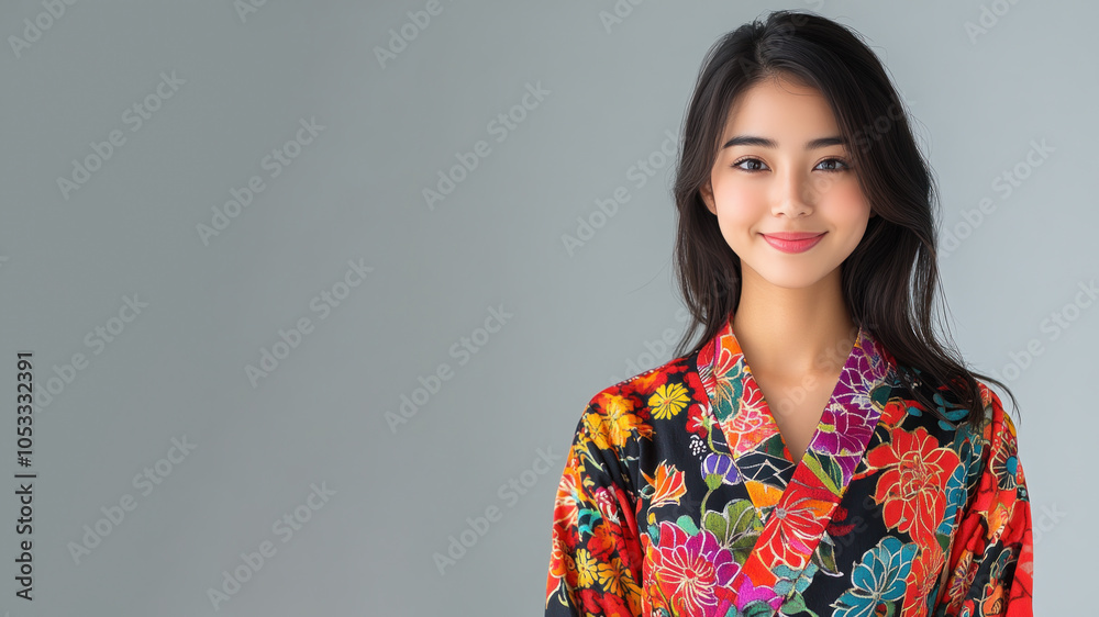 Japanese woman in traditional batik cloth isolated on gray copy space Japanese woman in traditional batik cloth isolated on gray copy space