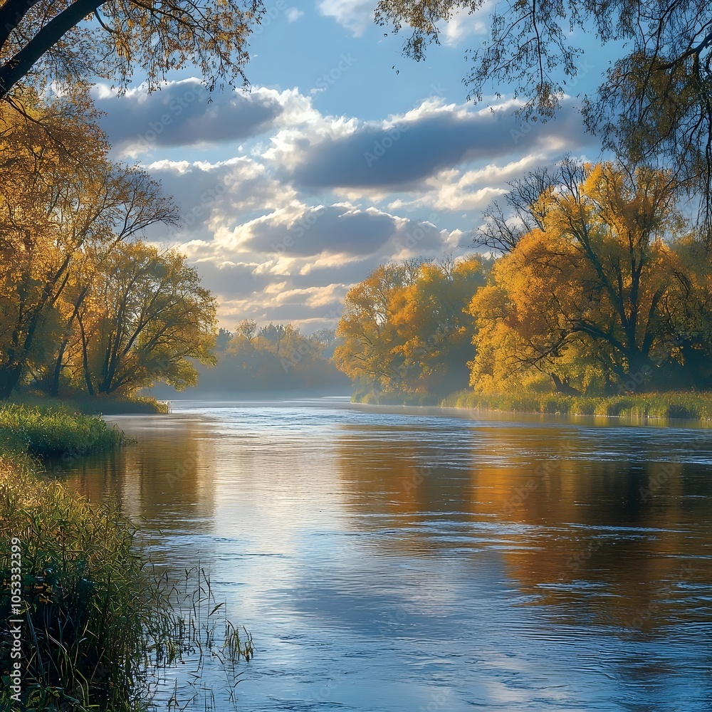Obraz premium Tranquil autumn scene depicting a serene river surrounded by golden foliage and soft clouds, reflecting a peaceful mood in the bright morning light.