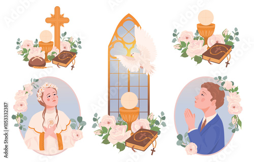 First Communion clipart set. Vector compositions with church attributes. Boy and girl praying. Grail, church bread, wine, Bible, rosary, crucifix, flowers, decorated altar. Symbols of Christian faith.