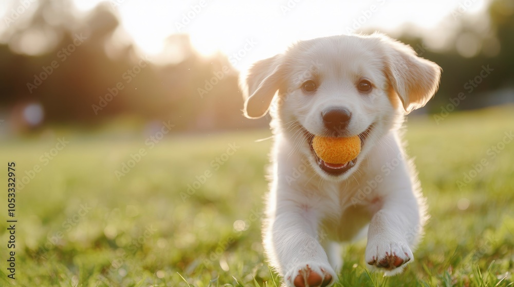 Playful Puppy with Ball in Sunny Park Setting Playful Puppy with Ball in Sunny Park Setting
