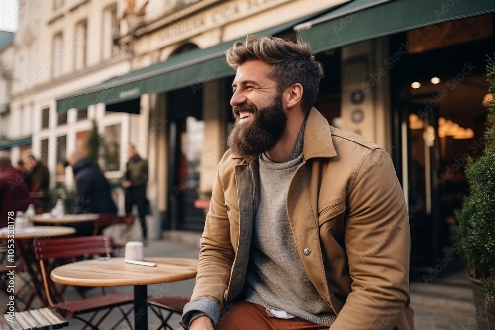 Portrait of a smiling young man sitting in a street cafe and looking away Portrait of a smiling young man sitting in a street cafe and looking away