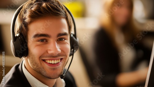 White male. Customer support staff wearing headsets, announcers or control tower staff, etc. Copy space. Smiling. photo