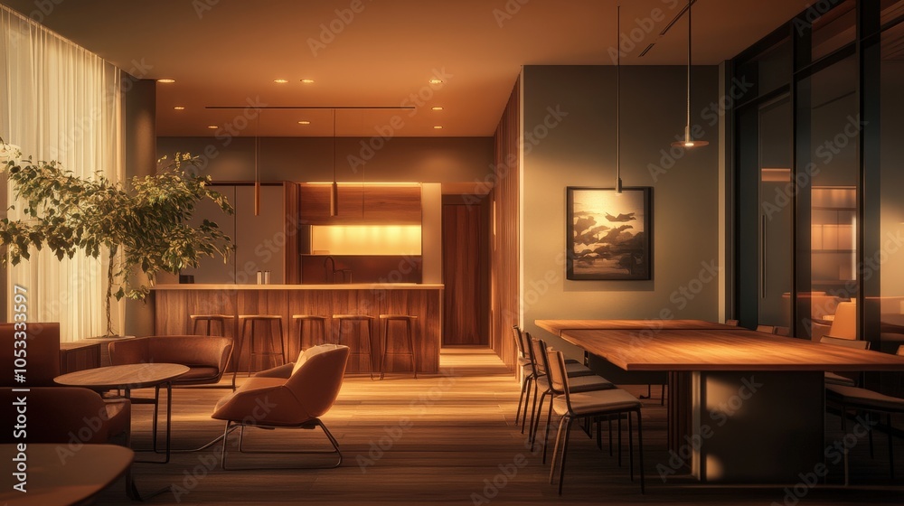Modern Scandinavian-inspired interior with warm ambient lighting, minimalist wooden furniture, cozy seating area, and open kitchen space in a stylish home or office setting Modern Scandinavian-inspired interior with warm ambient lighting, minimalist wooden furniture, cozy seating area, and open kitchen space in a stylish home or office setting
