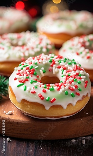 Green frosting topped Christmas donuts with sprinkles in red and white at a festive party