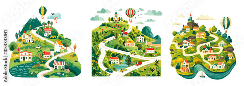 Wonderful island cartoon vector concepts. Summer houses dwellings emerald trees bushes fortress hills peaks roads cars vegetation landscape clouds balloon coast panorama isolated illustrations