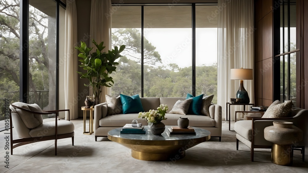 Ultra-Modern Living Room in a Serene Natural Setting: A Harmonious Blend of Luxury and Eclectic Elegance. (AI-Generated) Ultra-Modern Living Room in a Serene Natural Setting: A Harmonious Blend of Luxury and Eclectic Elegance. (AI-Generated)