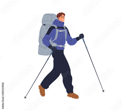 Hiker trekking with backpack. Happy male tourist with rucksack and equipment, walking outdoors. Backpacker hiking with travel bag and poles. Flat vector illustration isolated on white background