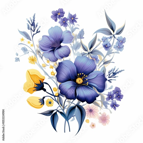 Bunch of blue and purple flowers on a white background. photo