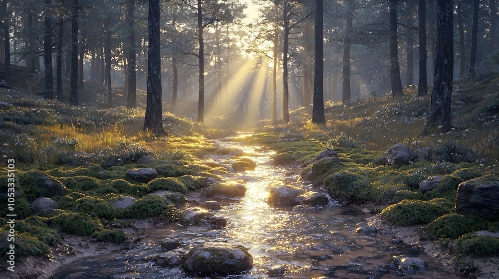 A serene forest scene showcasing a gentle stream illuminated by sunlight filtering through tall trees. The vibrant greens and soft golds create a tranquil and magical atmosphere. A serene forest scene showcasing a gentle stream illuminated by sunlight filtering through tall trees. The vibrant greens and soft golds create a tranquil and magical atmosphere.
