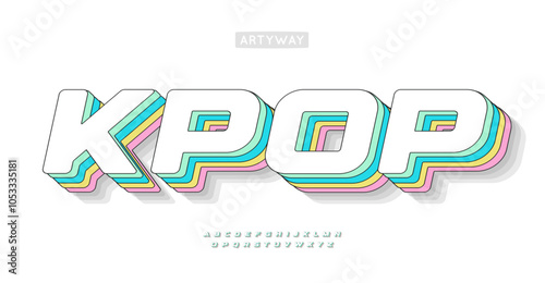 Bold vibrant font, multicolor K-pop letters blends youthful energy with layered 3D effects and pastel multicolor gradient shadow. Playful isometric font for pop culture logo and catchy headlines