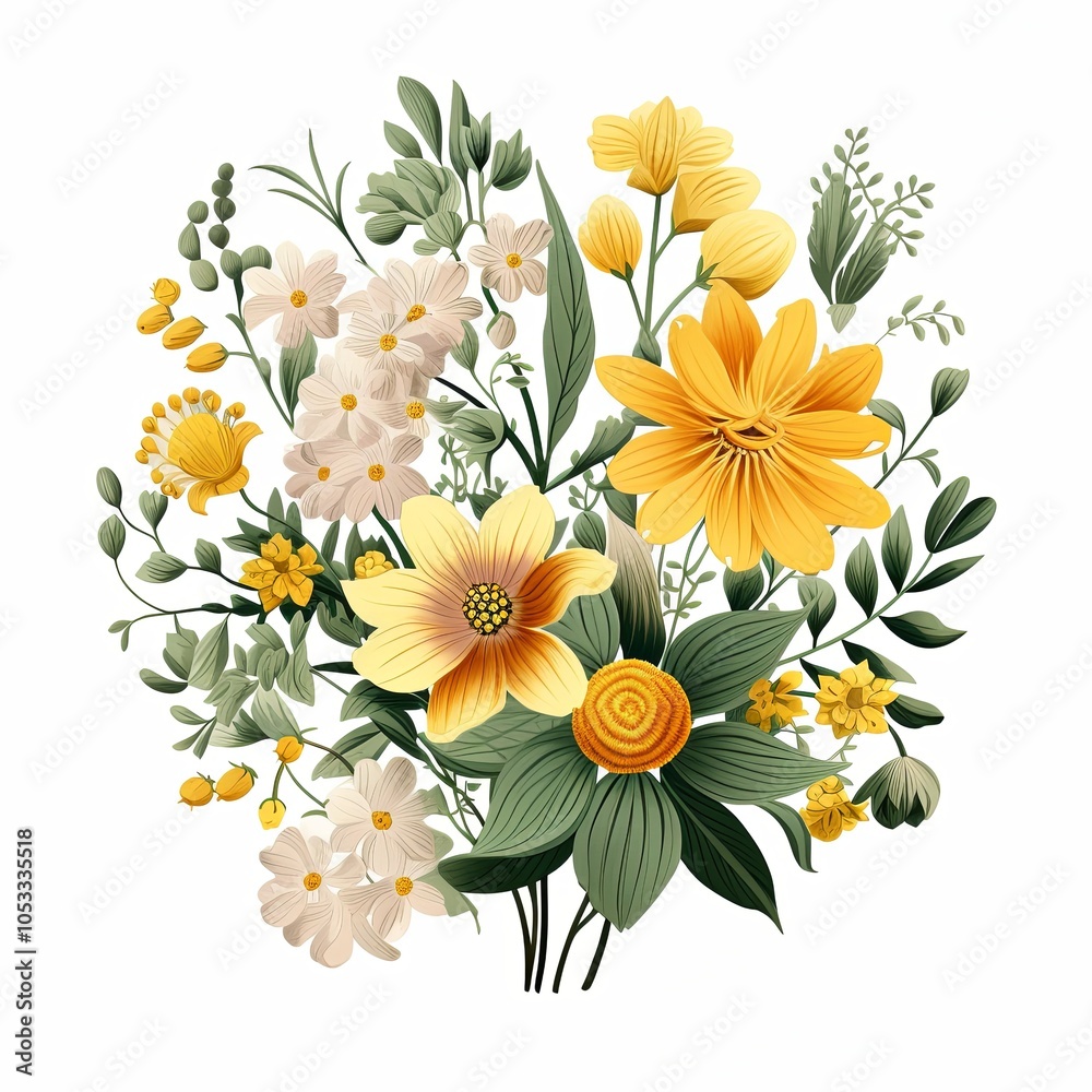 Fototapeta Bright floral arrangement with various flowers and leaves. Colorful botanical illustration. Spring design for decoration and print.