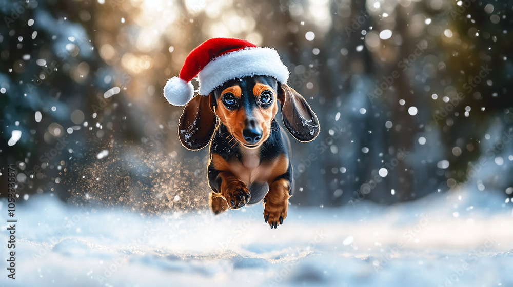 Cute black and brown dachshund dog with Santa's hat on running, jumping in the snow, daytime in the winter snow in the woods. Cute black and brown dachshund dog with Santa's hat on running, jumping in the snow, daytime in the winter snow in the woods.