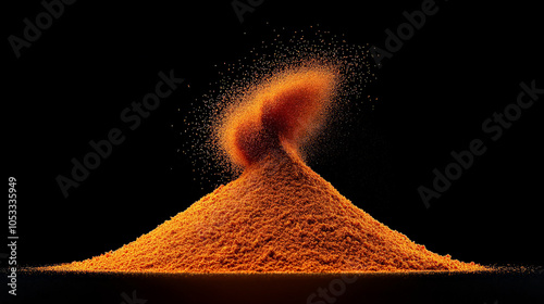 Crimson Cascade: A vibrant, swirling mound of paprika powder explodes against a stark black background, creating a dramatic and textural masterpiece. photo