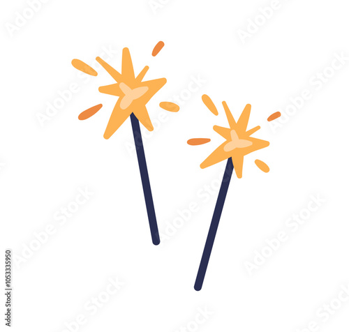 Sparklers, firework sticks glowing with bright sparks. Festive bengal light for holiday celebration, party. Fire spark on magic wand. Flat graphic vector illustration isolated on white background