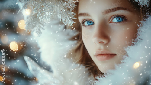 young christmas girl angel face with blue eyes and white christmas winter mood with tree background and ornaments