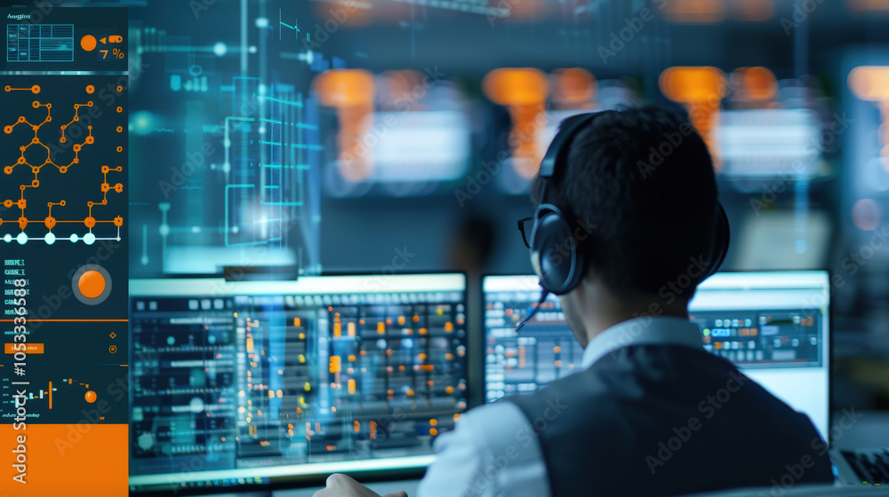 focused individual in headset analyzes data on multiple screens, showcasing advanced technology and digital interfaces. environment reflects high tech workspace, emphasizing concentration and