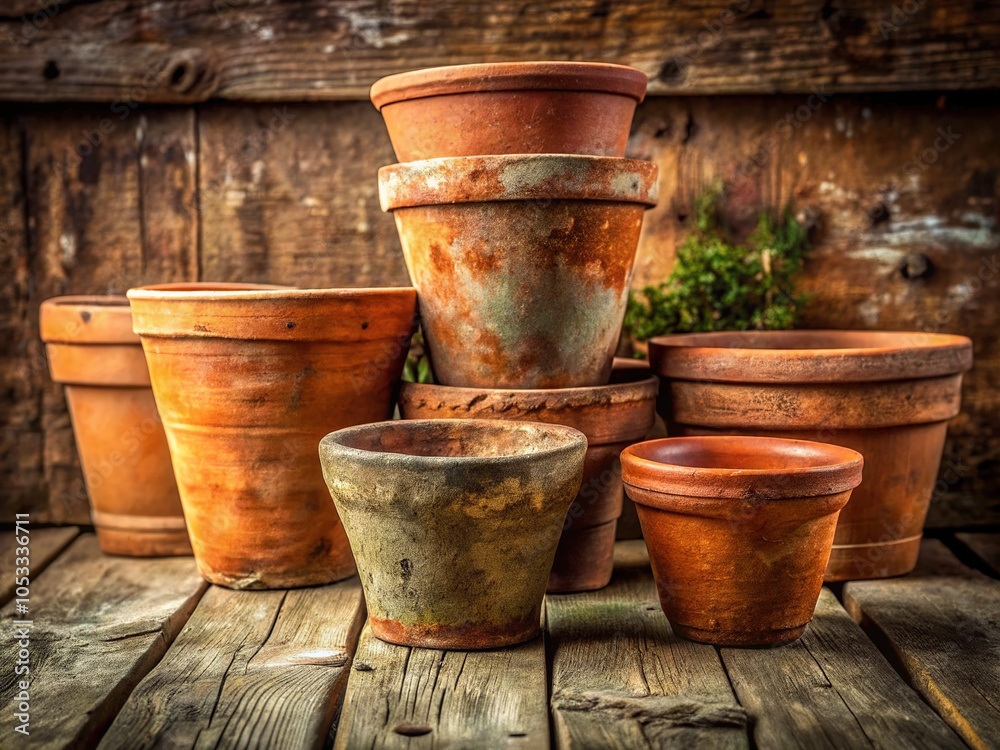 Old pots rest against weathered barnwood, evoking a vintage charm. Old pots rest against weathered barnwood, evoking a vintage charm.