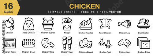 Chicken icon set. Editable Stroke Icon Collection. Includes nugget, head, fried, dish, chicken, breast, bucket, and More. Outline icons vector collection.