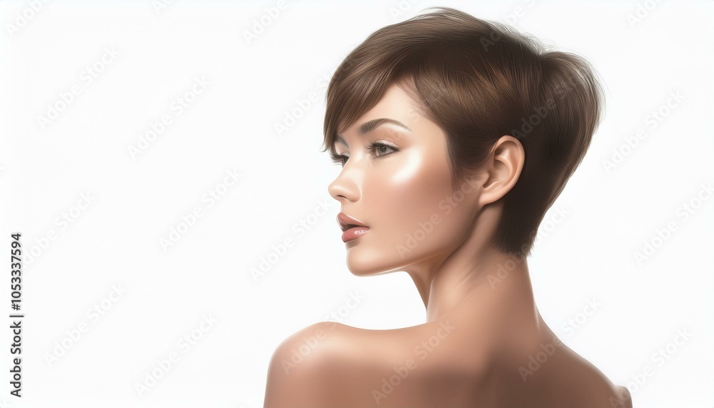 studio portrait of a brunette short haired woman with nude shoulders on a white background
studio portrait of a brunette short haired woman with nude shoulders on a white background