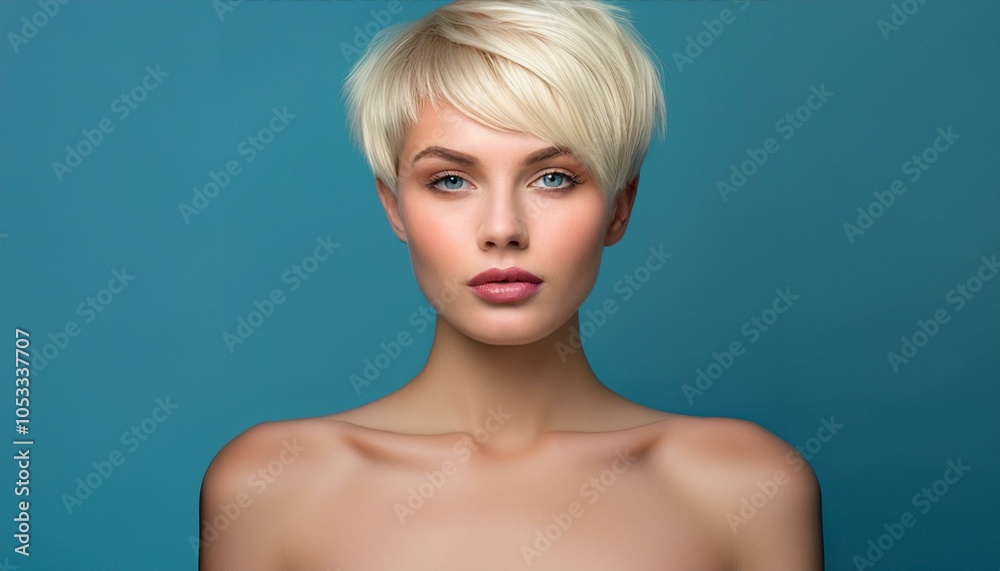studio portrait of a blonde short haired woman with nude shoulders on blue background studio portrait of a blonde short haired woman with nude shoulders on blue background