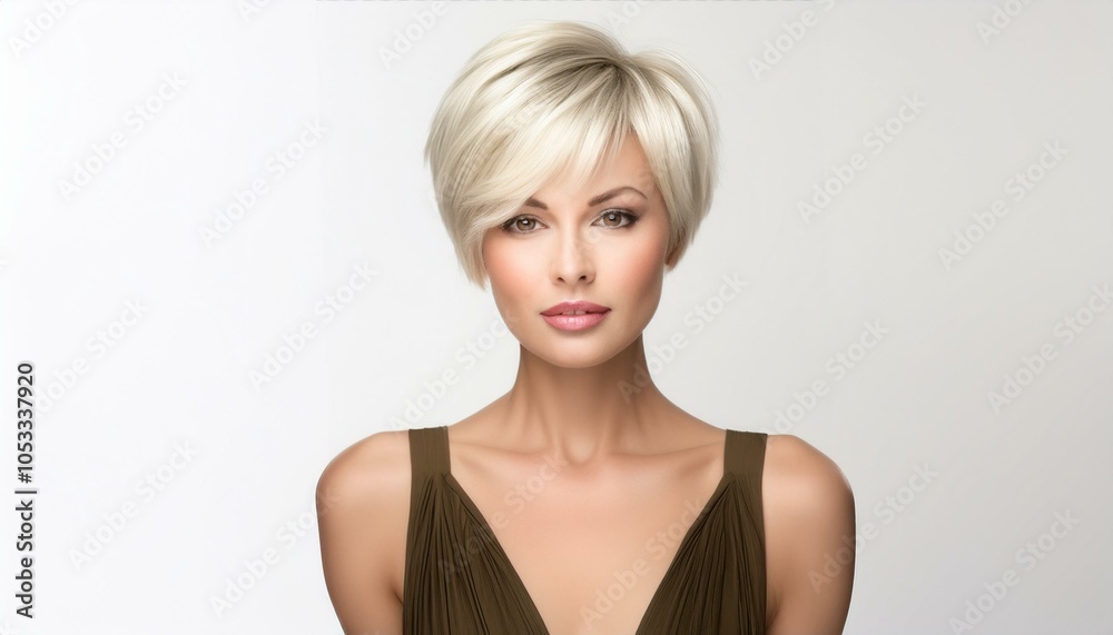 studio portrait of a blonde short haired woman with nude shoulders on white background studio portrait of a blonde short haired woman with nude shoulders on white background