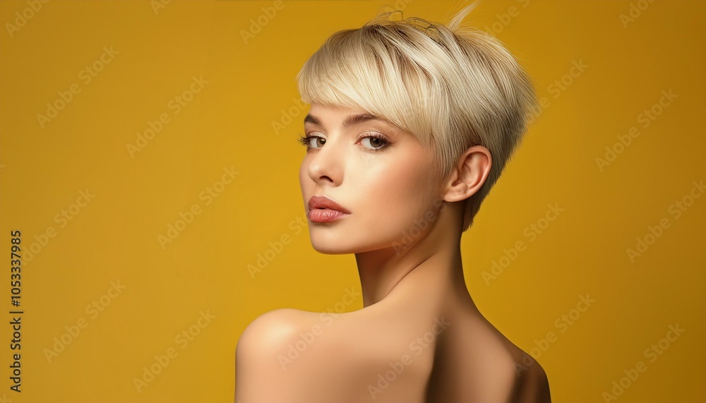 studio portrait of a blonde short haired woman with nude shoulders on yellow background studio portrait of a blonde short haired woman with nude shoulders on yellow background