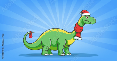Vector holiday cartoon cute kind green dinosaur brontosaurus in red scarf and Santa Claus hat. Ball toy with bow. Merry Christmas and Happy New Year.