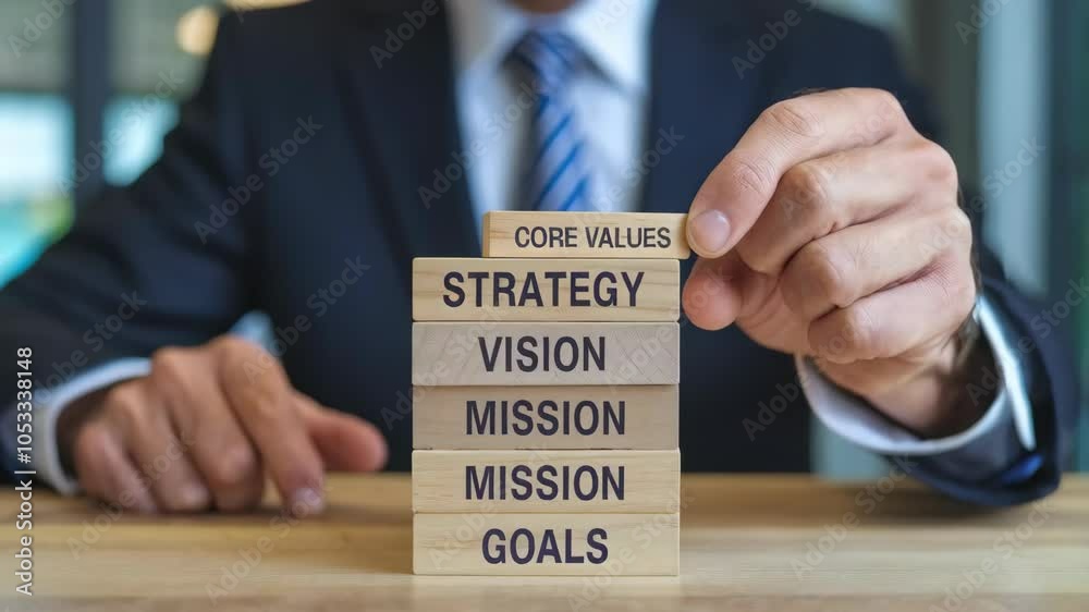 A business professional stacking blocks labeled with strategic concepts for organizational planning.