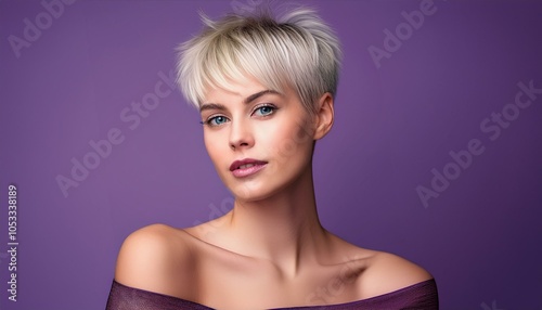 studio portrait of a blonde short haired woman with nude shoulders on purple violet background