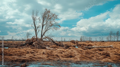 A high-resolution image of a rural landscape after a tornado, with uprooted trees and scattered debris photo