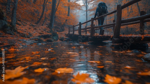 A lone hiker crossing a rustic wooden bridge over a peaceful creek surrounded by vibrant orange autumn leaves, capturing the essence of an adventurous lifestyle in fall. photo