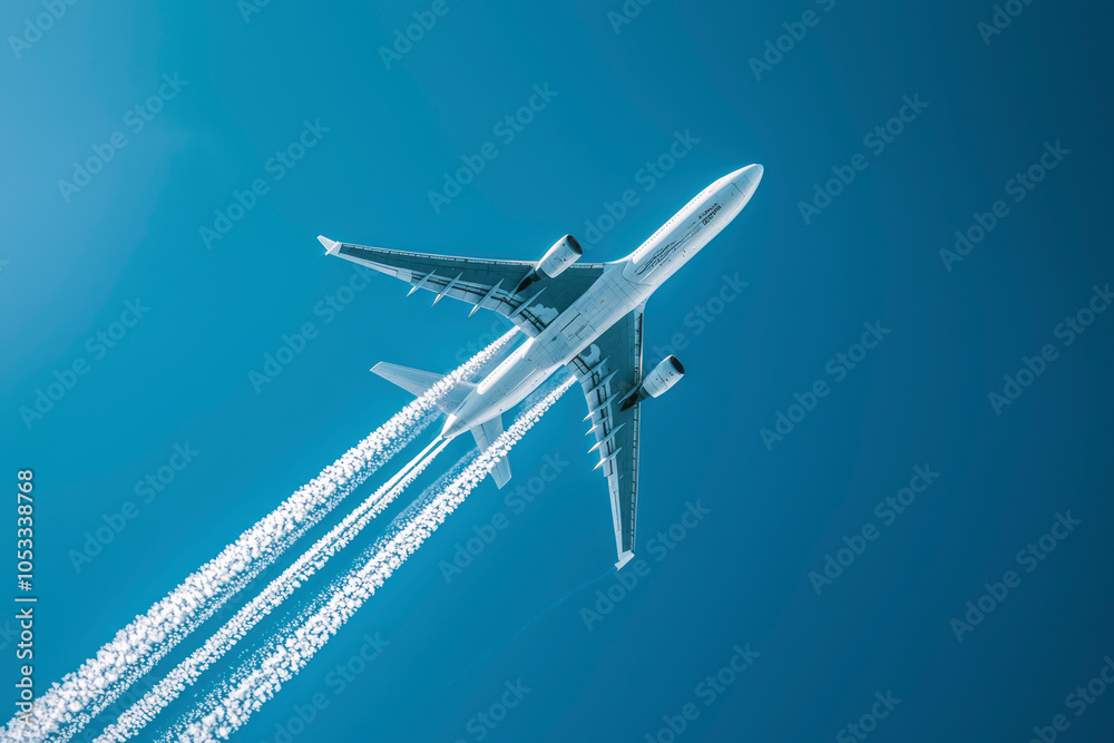 Fototapeta premium Sky High: A Cargo Plane Painting Contrails in the Clear Blue Sky