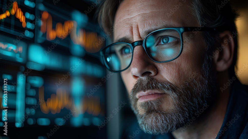 Focused trader analyzing live financial data on multiple screens, reflecting critical market trends and investment charts in his eyeglasses, with a determined and attentive expression. Focused trader analyzing live financial data on multiple screens, reflecting critical market trends and investment charts in his eyeglasses, with a determined and attentive expression.