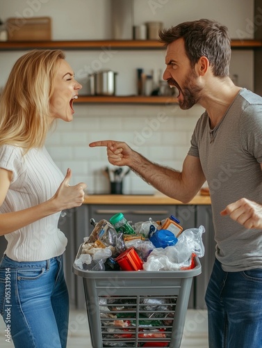 A couple stands in a kitchen filled with trash, both visibly upset and yelling at each other