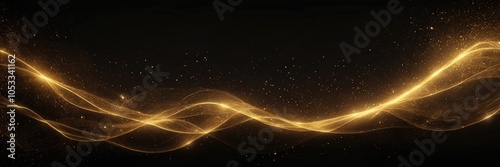 Dark Black sparkling waves with particles golden light lines background