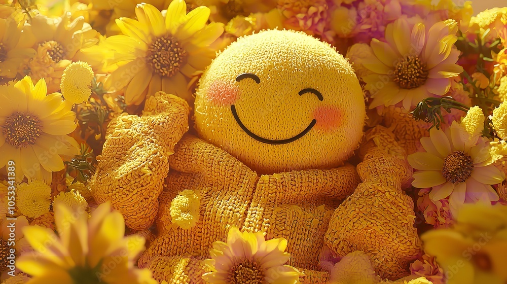 Yellow smiley face in a cozy sweater surrounded by flowers. Yellow smiley face in a cozy sweater surrounded by flowers.