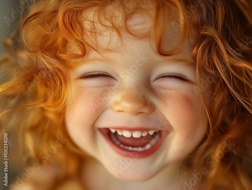 Cheerful young ginger girl smiling brightly against a simple background photo